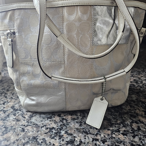 Coach Silver and Cream Tote with Leather Material and Adjustable Strap - Picture 1 of 4